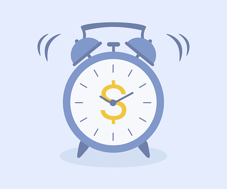 Ringing Alarm Clock With Dollar Sign On Clock Face. Time Is Money And Investment Concept