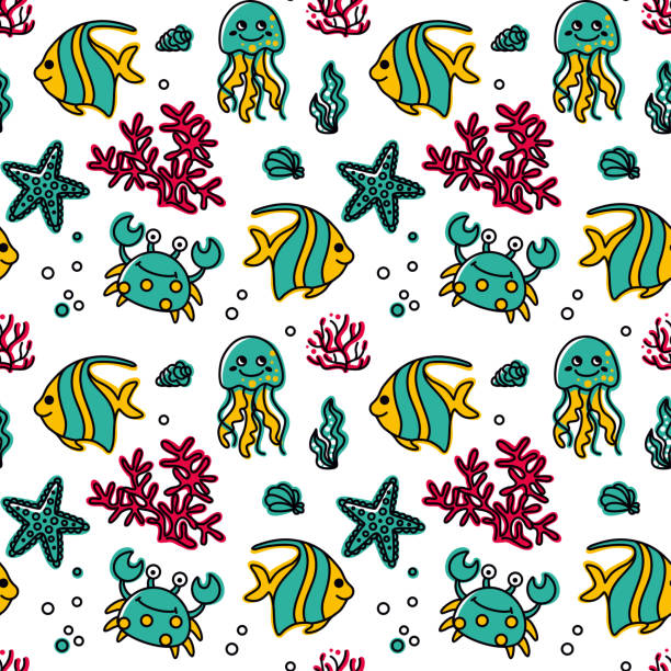 illustrazioni stock, clip art, cartoni animati e icone di tendenza di vita marina, stampa estiva per tessuti per bambini e altri prodotti. modello senza cuciture. - water plant coral sea jellyfish