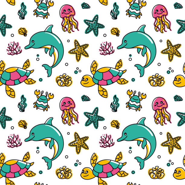 illustrazioni stock, clip art, cartoni animati e icone di tendenza di delfini, tartarughe, meduse, stelle marine e altri animali oceanici. - water plant coral sea jellyfish
