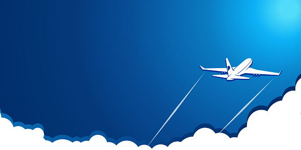 White plane in the blue sky rises above the clouds. Vector background template for web page header