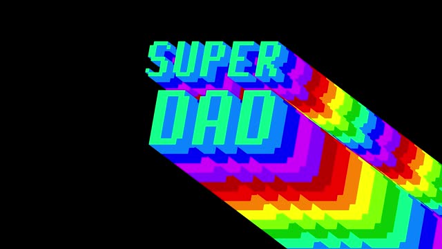 Super Dad. Animated word with long layered multicolored shadow.