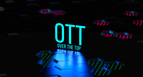 OTT, Over The Top definition concept neon banner. OTT technologies. The method of providing video services via the Internet. 3D render.