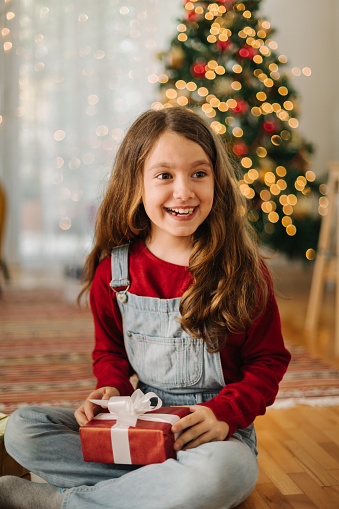 Cheerful girl holding Christmas present in front of a Christmas tree