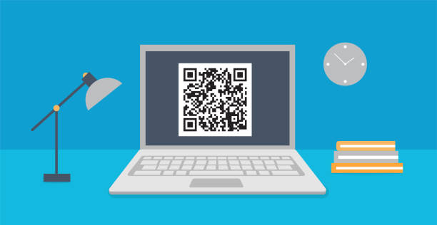 Qr code on laptop screen for getting information or cashless online payment Qr code on laptop screen for getting information or cashless online payment qr barcode generator stock illustrations