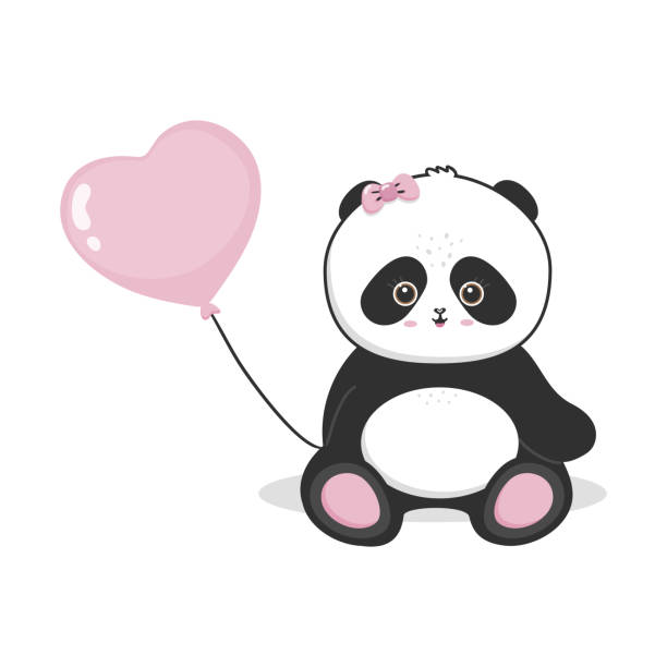 cute panda sits and holds a heart shaped balloon behind her back cute panda sits and holds a heart shaped balloon behind her back heart shape valentines day fur pink stock illustrations