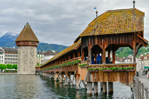 Beautiful historic city of Lucerne with famous Chapel Bridge and Water Tower, Switzerland