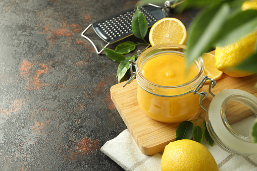 Concept of tasty food with lemon curd, space for text