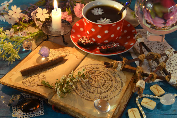 istock Open witch diary with wiccan holidays chat, runes and cup of coffee. Occult, esoteric and divination still life. Mystic background with vintage objects 1498132793