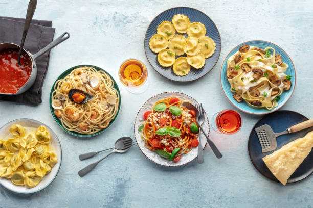 istock Pasta variety. Italian food and drinks, overhead flat lay shot 1498135607