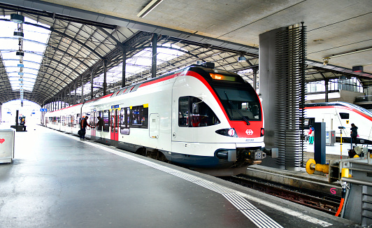 Switzerland- May 17 ,2023 : Trains parking on the Platform railway station in Lucern