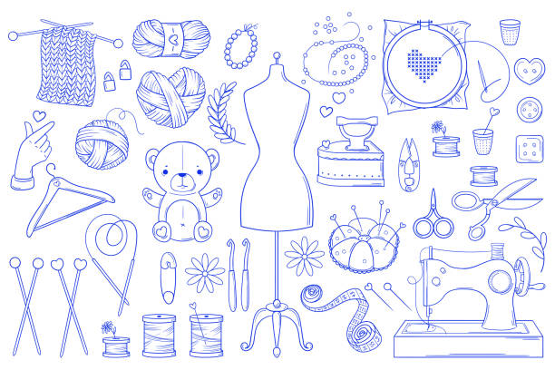 ręcznie robione. zestaw monochromatycznych jasnoniebieskich elementów do szycia i dziania w stylu doodle. izolowany na białym tle - wool knitting heart shape thread stock illustrations