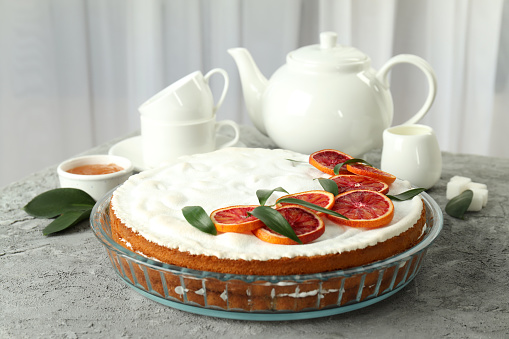 Concept of tasty dessert with meringue pie with citrus, closeup