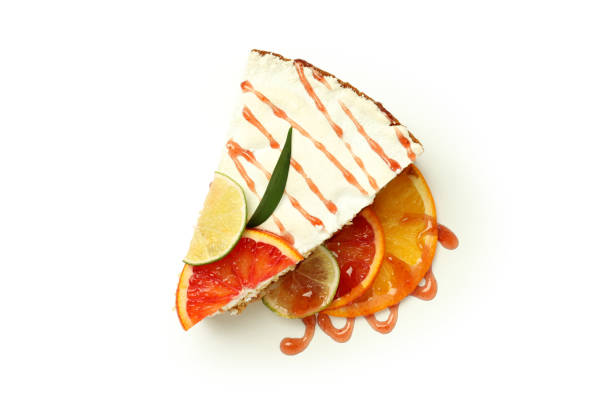 Piece of meringue pie with citrus, close up