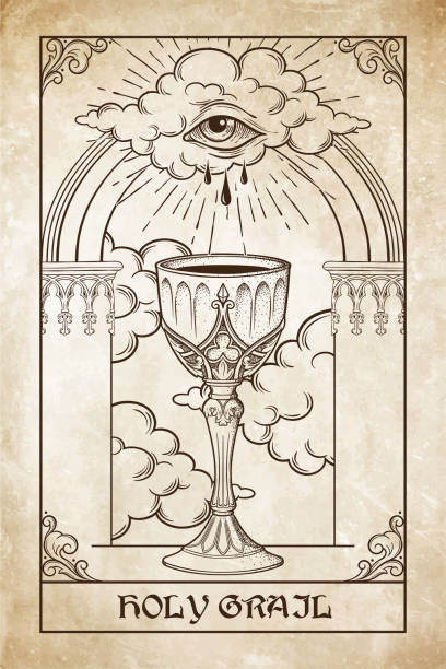 ilustrações, clipart, desenhos animados e ícones de cálice do santo graal e olho de deus na frente da ilustração vetorial do arco gótico. cartaz desenhado à mão, cartaz ou design de impressão em estilo gótico - grail