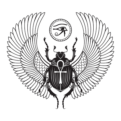 Sacred scarab beetle and eye of Horus ancient Egypt hand drawn vector illustration.