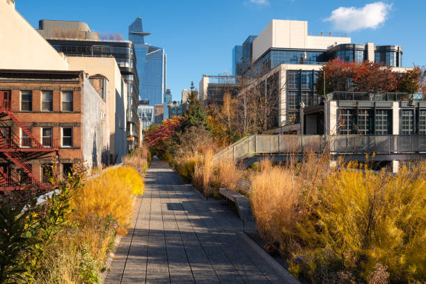 la passeggiata high line park nel cuore di chelsea, manhattan in autunno. greenway sopraelevata con vista sui grattacieli di hudson yards. città di new york - nyc greenway foto e immagini stock