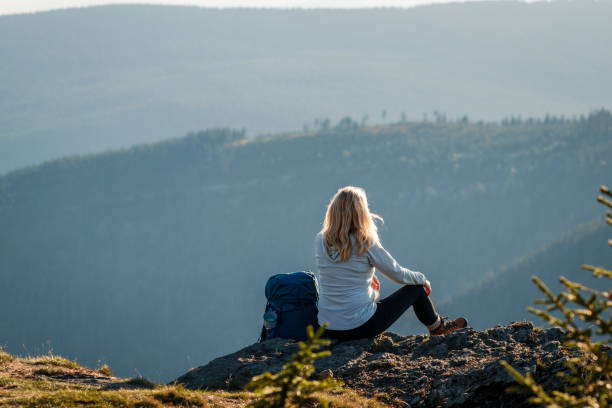 istock Female hiker with backpack relaxing on rock after successfully climbed mountain summit 1498140148