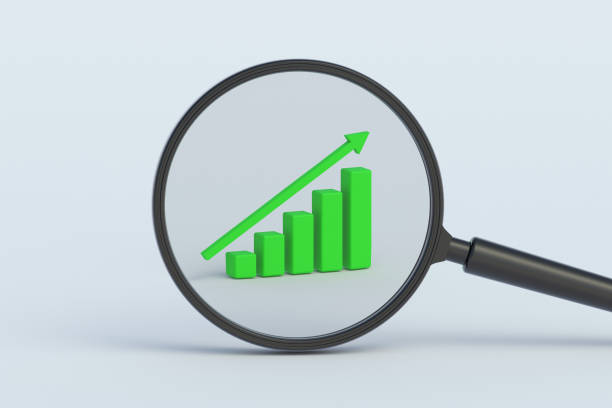 Green graph with column and up arrow behind magnifying glass. 3d render