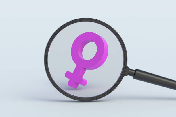 istock Female gender symbol behind magnifying glass. 3d render 1498141483