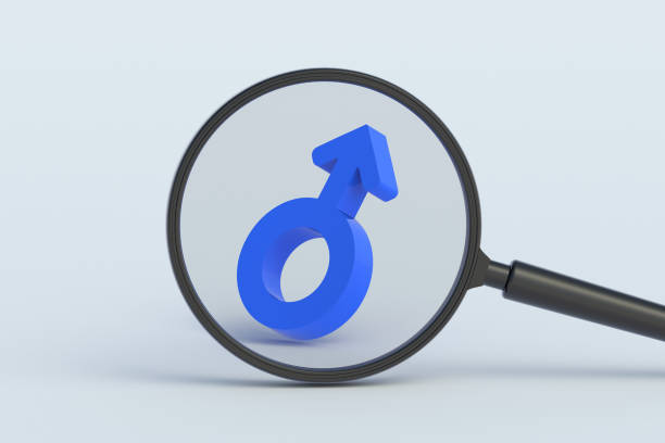 istock Male gender symbol behind magnifying glass. 3d render 1498141521