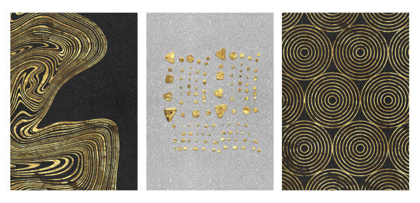 istock 3d modern art frame canvas mural wallpaper. golden circle, dots, and decorative golden curvy lines on black and gray backgrounds. 1498143191