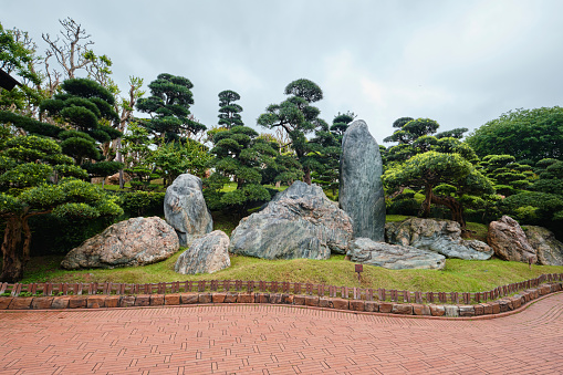 Hong Kong, China, Beautiful greenery landscape and old stones of Nan Lian Garden in Diamond Hill, Chi Lin Nunnery