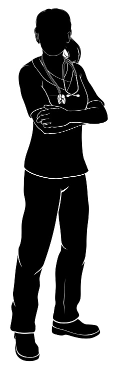 A doctor or nurse woman in silhouette with arms folded in a confident pose.