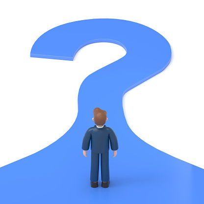 3D illustration of smiling bearded american businessman Bob looking unknown open. Road forward in form of a question mark. What's next ? Big question mark on a way.