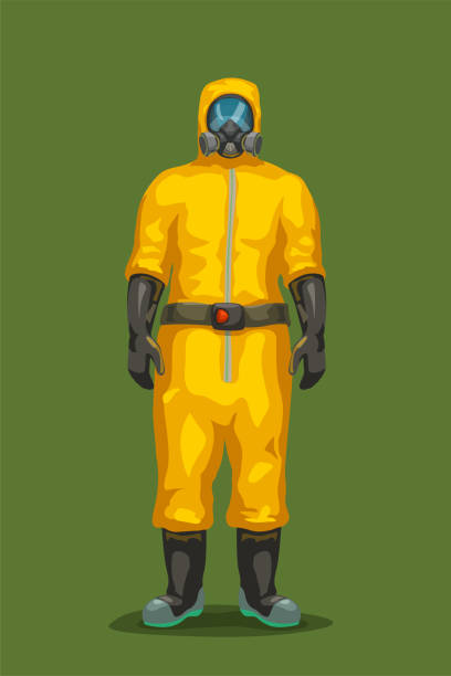 노란색 위험복을 입은 남자 - radiation protection suit biology danger biochemical warfare stock illustrations