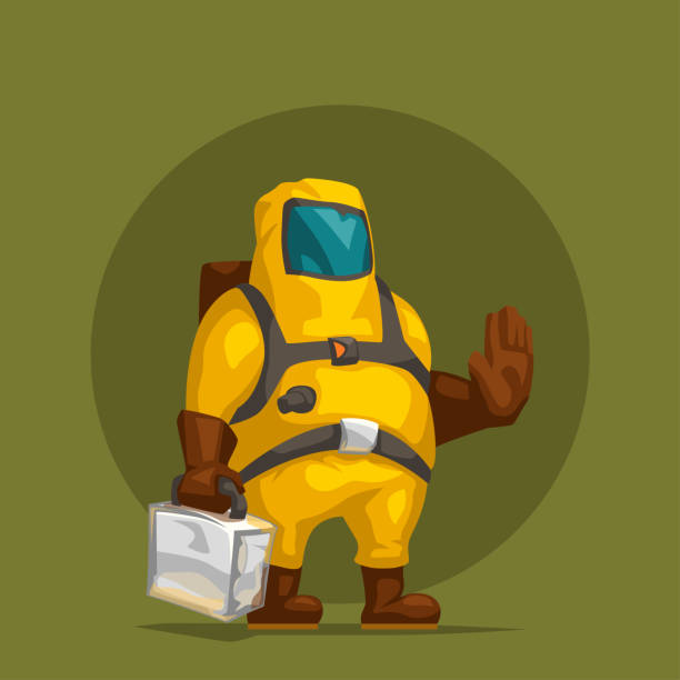 postać z kreskówki żółty kombinezon hazardowy - radiation protection suit biology danger biochemical warfare stock illustrations