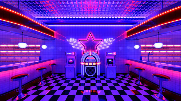 istock Retro diner interior with tile floor, jukebox, neon illumination, vintage arcade machine and bar stools. 3d illustration. 1498149750