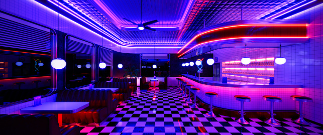 Retro diner interior with tile floor, jukebox, neon illumination, vintage arcade machine and bar stools. 3d illustration.