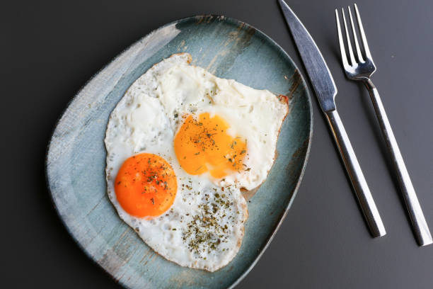 istock Fried eggs in the plate close up , 1498150759