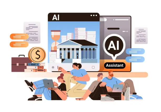 Vector illustration of students learning online in computer app with ai helper bot education assistant e-learning concept