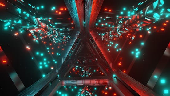 The abstract triangle tunnel, set in a futuristic sci-fi world, features mesmerizing 3D that creates a captivating visual experience. Adds a sense of depth and movement, immersing viewers in a futuristic and otherworldly atmosphere, digital art, video game environments.