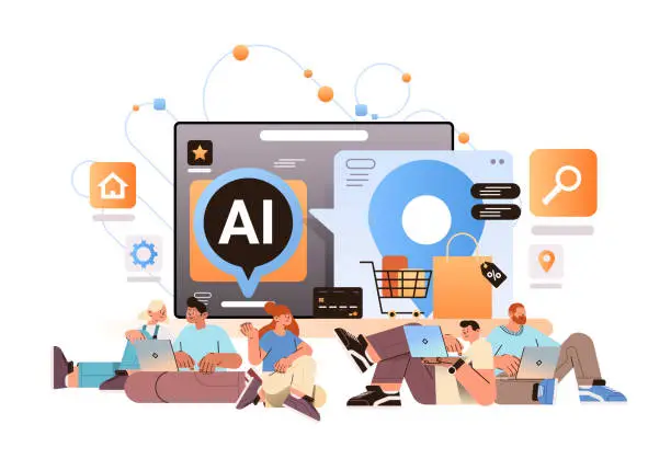 Vector illustration of people buying things in computer app with ai shopping assistant helper bot e-commerce online shopping concept
