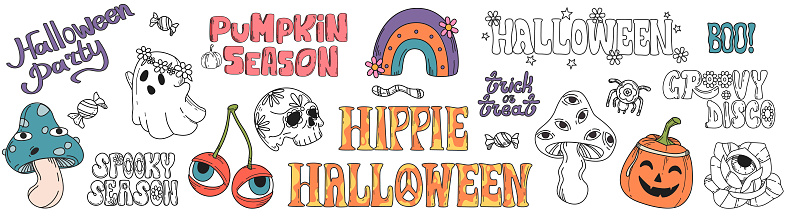 Vector set of hand drawing groovy halloween stickers. Pumpkin, mushrooms, spider, rainbow, cherry with eyes and skull isolated on white background. Psychedelic collection of hippie design elements.