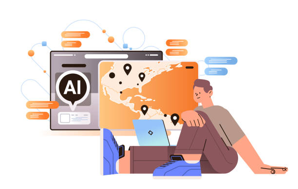 man traveler planning travel on world map in computer app with ai helper bot vacation travelling concept horizontal vector illustration vector art illustration