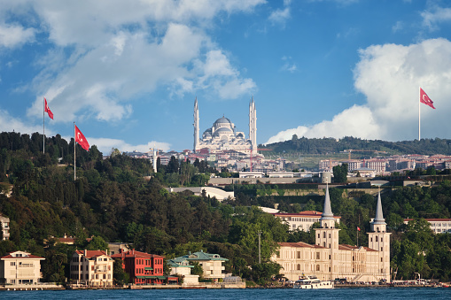 Kuleli Military High School And Camlica Mosque Seen From Bosphorus, Istanbul, Turkey