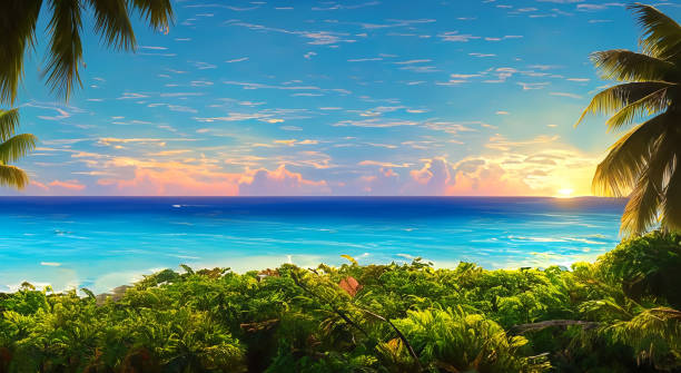 Tropical paradise beach with dramatic sky and colorful clouds during the sunset