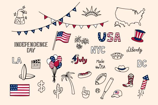 ilustrações de stock, clip art, desenhos animados e ícones de usa doodles set. united states of america vector design elements isolated on white background. collection of us national symbols. independence day. american flag, liberty statue, july 4, eagle - baseballs baseball sport american culture