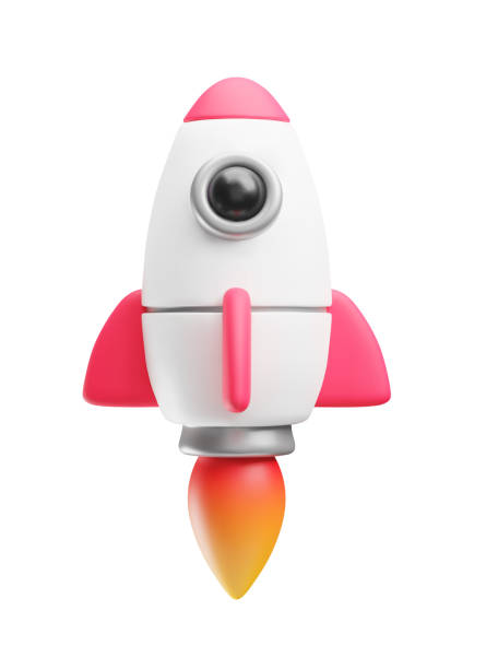 Spaceship rocket flying with yellow flame ejected, 3d style Spaceship rocket flying with yellow flame ejected, 3d style. Toy rocket spaceship launch. Successful startup, financial growth, space business concept vector illustration rocketship stock illustrations