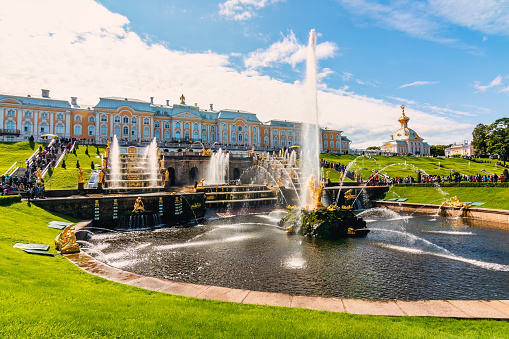 St Petersburg, Russia - August 27, 2017:  Samson Fountain at Peterhof commands attention with its grandeur and symbolism, featuring a towering statue of Samson triumphantly wrestling a lion, while water gushes forth in a dramatic display, embodying strength and victory.\n\nPeterhof, or the Peterhof Grand Palace, is a magnificent palace complex located in Peterhof, in the outskirts of Saint Petersburg, Russia. Commissioned by Peter the Great in the early 18th century with stunning gardens and intricate architecture.\n\nThe grand centerpiece of the Grand Cascade, the sculptural group \