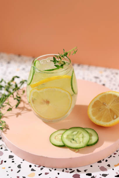 A Glass of Infuse Water with Lemon and Cucumber stock photo