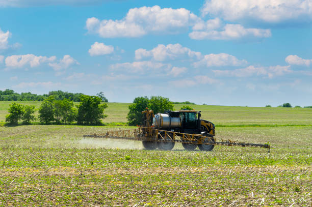 Tractor spraying pesticides/fertilizer on field with sprayer at spring