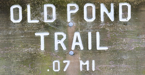 A close view of the old wood trail sign.