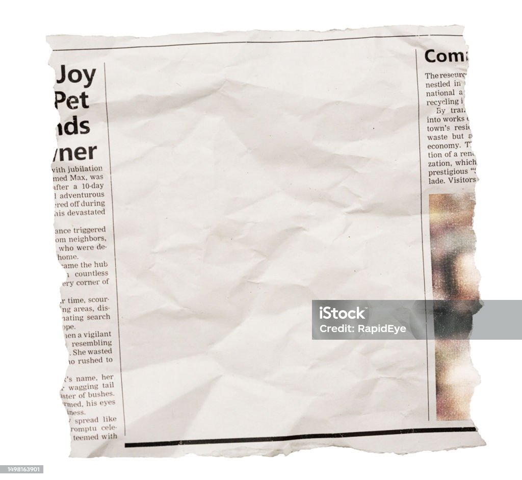 Crumpled newspaper clipping with blank space for your copy Torn-out piece from a newspaper with blank space for your article, advertisement or picture. The text, layout and photo are all created by the photographer, so this image is free of third-party copyright and may be used for any purpose. The subjects of the articles are optimistic good news. Newspaper Stock Photo