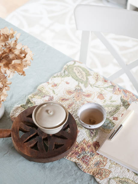 istock relaxing and quiet time at the table with a cup of tea and a notebook to write. 1498164143