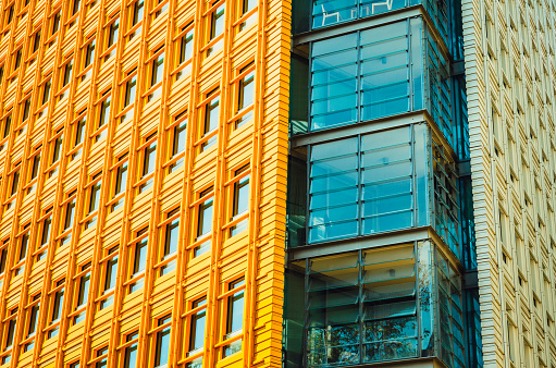 Abstract compositions depicting details of ultra modern, colorful urban architecture in the city. *** APARTMENT BUILDING AND OFFICE SPACE SHOT IN TOTTENHAM COURT ROAD, LONDON, UK ***