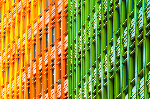 Abstract compositions depicting details of ultra modern, colorful urban architecture in the city. *** APARTMENT BUILDING AND OFFICE SPACE SHOT IN TOTTENHAM COURT ROAD, LONDON, UK ***